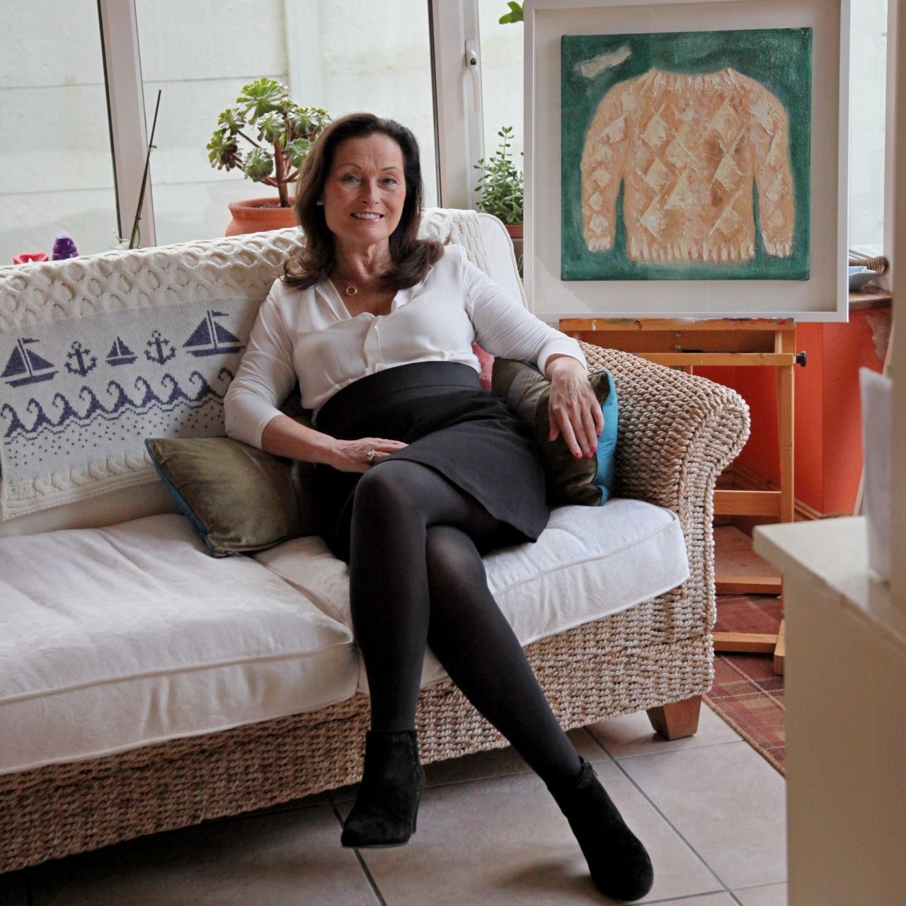 Cathy-3 Cathy Hughes in conservatory with Aran Sweater original art painting